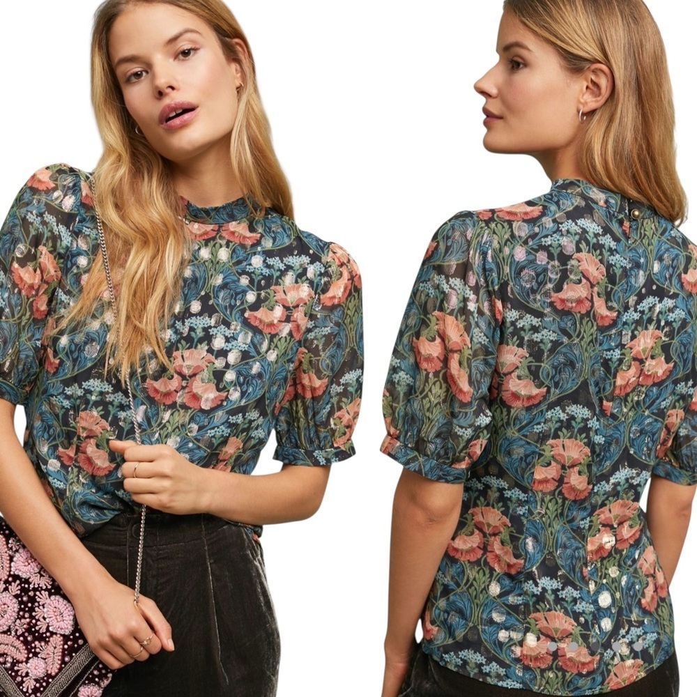 Anthropologie Meadow Rue Basilique Floral Puff Sleeve Blouse Sz 2